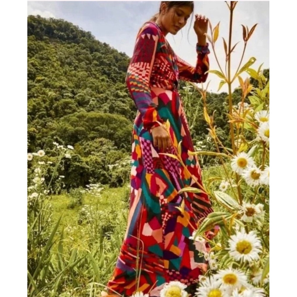 Farm Rio Mixed Abstract Print Maxi Dress V-Neck Long Sleeve Multi-Color Large - Picture 15 of 16